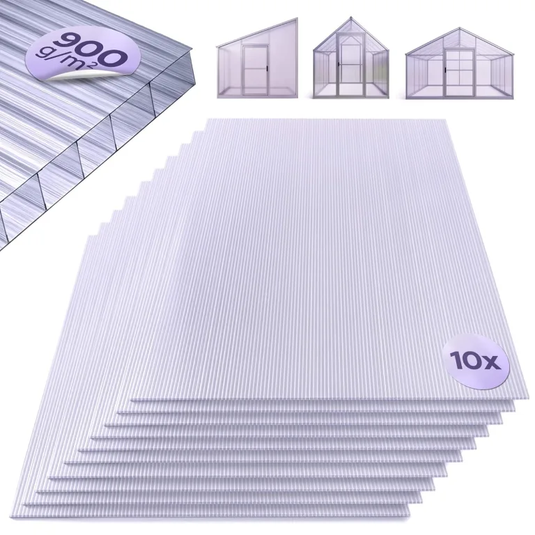 Arebos Hohlkammerstegplatten 10er Set | 121 x 60,5 cm | Polycarbonat Platten 6 mm stark | UV-beständig | 900 g/m² | Transparent | für Gewächshaus, Carport, Frühbeet, Überdachung