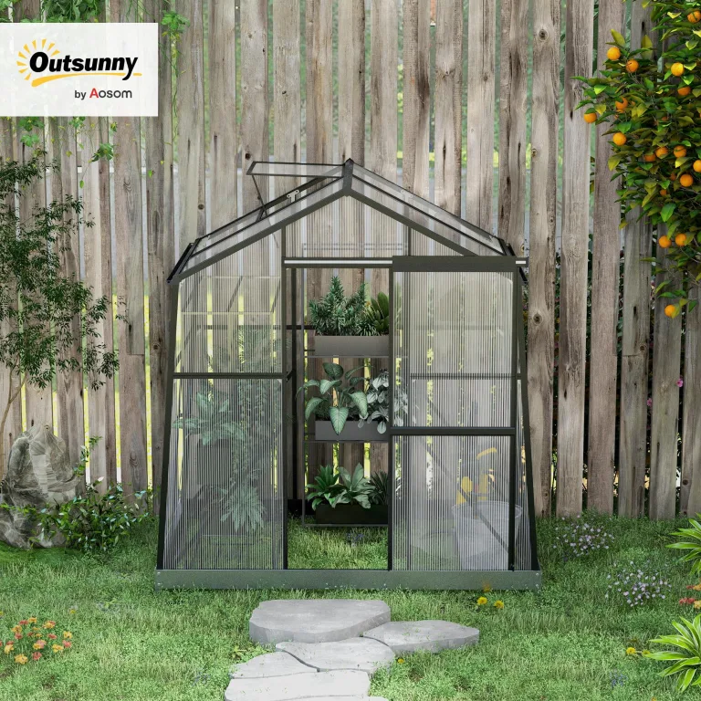 Outsunny Gewächshaus Aluminium 131 x 192 x 203 cm Treibhaus 2,51 m² Tomatenhaus mit Fenster, Schiebetür, Fundament, Aufzucht Pflanzenhaus für Garten, Balkon, Schwarz – Bild 2