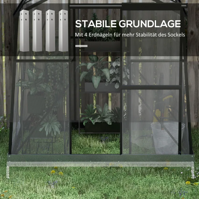 Outsunny Gewächshaus Aluminium 131 x 192 x 203 cm Treibhaus 2,51 m² Tomatenhaus mit Fenster, Schiebetür, Fundament, Aufzucht Pflanzenhaus für Garten, Balkon, Schwarz – Bild 4