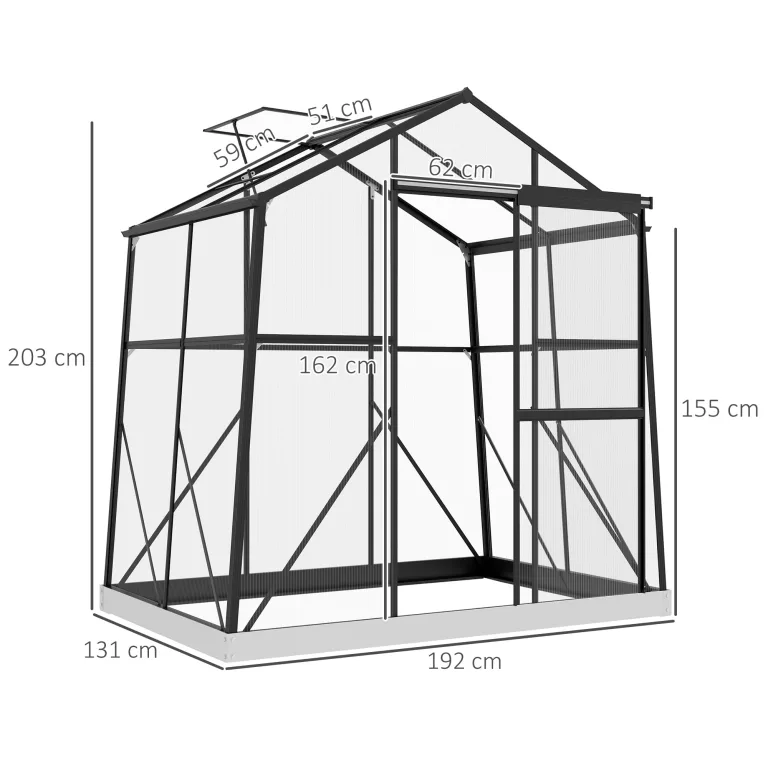 Outsunny Gewächshaus Aluminium 131 x 192 x 203 cm Treibhaus 2,51 m² Tomatenhaus mit Fenster, Schiebetür, Fundament, Aufzucht Pflanzenhaus für Garten, Balkon, Schwarz – Bild 7