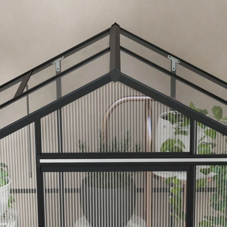Outsunny Gewächshaus Aluminium 131 x 192 x 203 cm Treibhaus 2,51 m² Tomatenhaus mit Fenster, Schiebetür, Fundament, Aufzucht Pflanzenhaus für Garten, Balkon, Schwarz – Bild 9