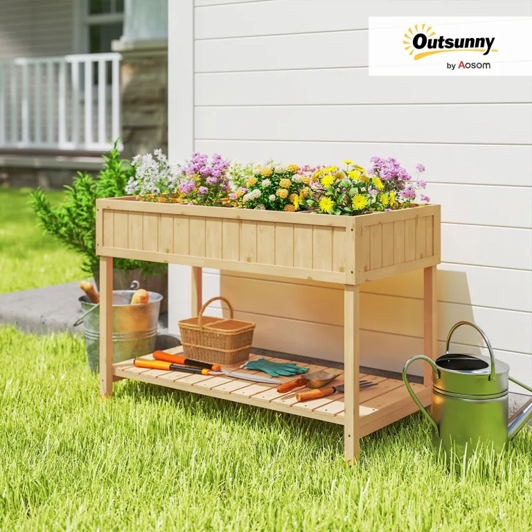 Outsunny Hochbeet mit Regal, erhöhtes Kräuterbeet mit Ablauflöcher, 8 Fächer, Pflanzkasten aus Holz, wetterbeständig Pflanzbeet Gemüsebeet für Garten, Balkon, 110 x 46 x 76 cm Naturholz – Bild 2