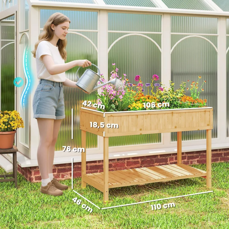 Outsunny Hochbeet mit Regal, erhöhtes Kräuterbeet mit Ablauflöcher, 8 Fächer, Pflanzkasten aus Holz, wetterbeständig Pflanzbeet Gemüsebeet für Garten, Balkon, 110 x 46 x 76 cm Naturholz – Bild 7