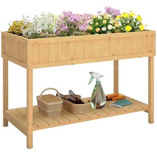 Outsunny Hochbeet mit Regal, erhöhtes Kräuterbeet mit Ablauflöcher, 8 Fächer, Pflanzkasten aus Holz, wetterbeständig Pflanzbeet Gemüsebeet für Garten, Balkon, 110 x 46 x 76 cm Naturholz – Bild 10