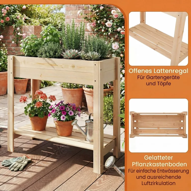 GOPLUS Hochbeet ohne Rollen, Gartenbeet mit Ablage & Abflusslöcher, Pflanzbeet aus Tannenholz für Garten & Terrasse, Natur (80 x 37 x 78 cm,ohne Rollen) – Bild 5