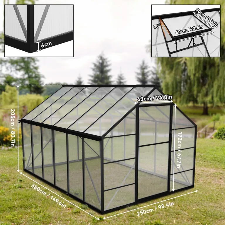 LZQ Gartengewächshaus Aluminium mit Fundament 380x250x205 cm Gewächshaus Pflanzenhaus mit Schiebetür und Dachfenster Treibhaus Gartenhaus Winterfest Aufzucht Tomatenhaus (8x12 ft) – Bild 3