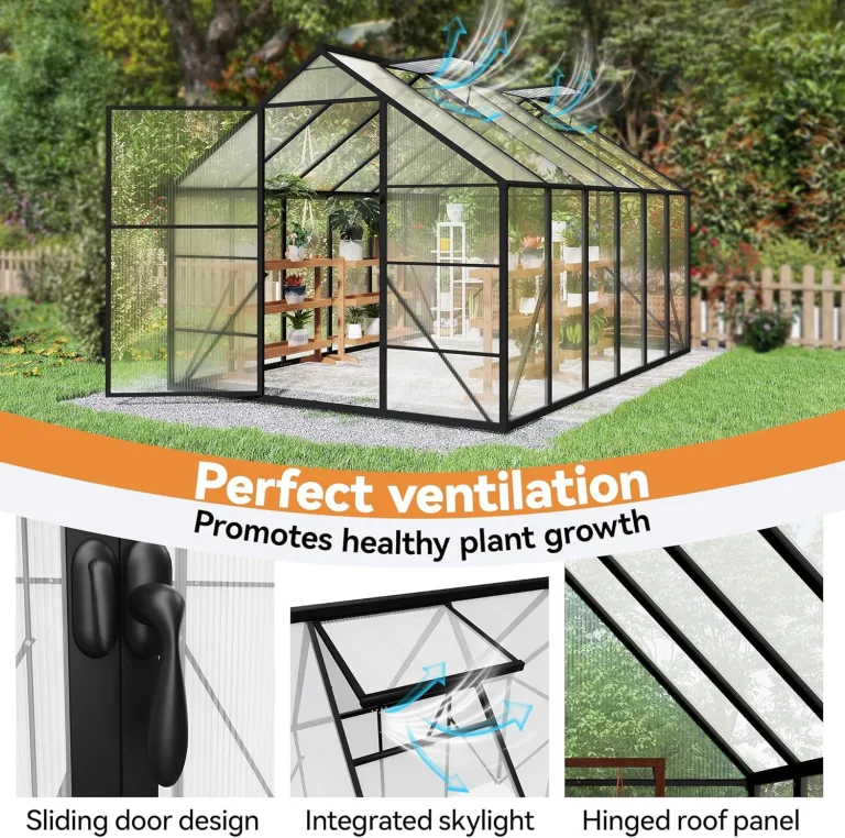 LZQ Gartengewächshaus Aluminium mit Fundament 380x250x205 cm Gewächshaus Pflanzenhaus mit Schiebetür und Dachfenster Treibhaus Gartenhaus Winterfest Aufzucht Tomatenhaus (8x12 ft) – Bild 6