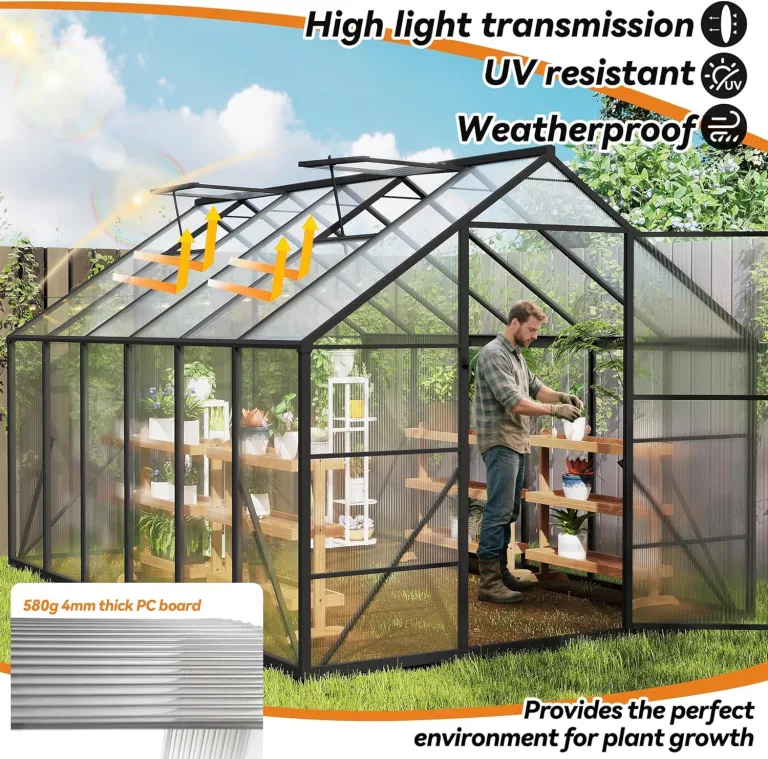 LZQ Gartengewächshaus Aluminium mit Fundament 380x250x205 cm Gewächshaus Pflanzenhaus mit Schiebetür und Dachfenster Treibhaus Gartenhaus Winterfest Aufzucht Tomatenhaus (8x12 ft) – Bild 7