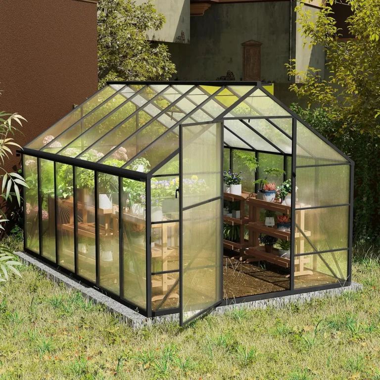LZQ Gartengewächshaus Aluminium mit Fundament 380x250x205 cm Gewächshaus Pflanzenhaus mit Schiebetür und Dachfenster Treibhaus Gartenhaus Winterfest Aufzucht Tomatenhaus (8x12 ft) – Bild 8