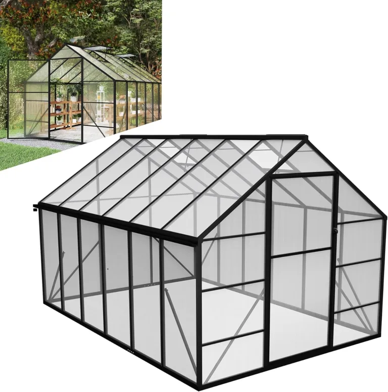 LZQ Gartengewächshaus Aluminium mit Fundament 380x250x205 cm Gewächshaus Pflanzenhaus mit Schiebetür und Dachfenster Treibhaus Gartenhaus Winterfest Aufzucht Tomatenhaus (8x12 ft) – Bild 1
