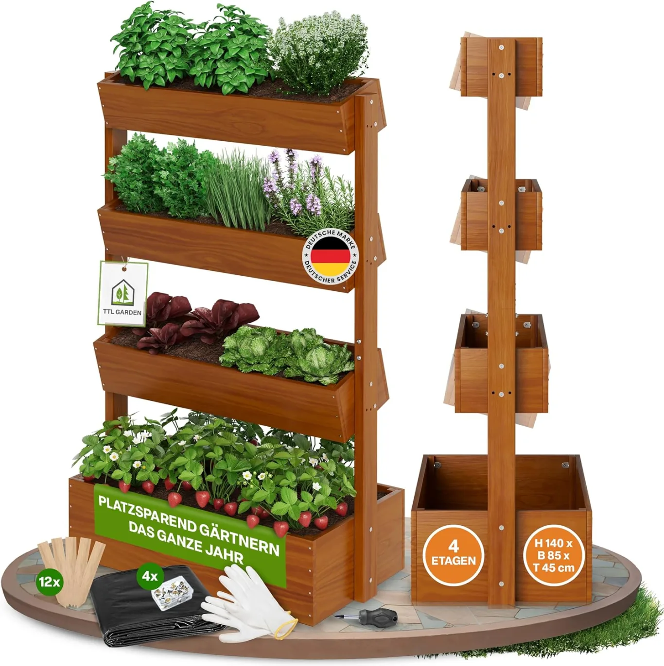 TTL GARDEN Vertikal Hochbeet 4 Etagen Holz 140x85x45cm Hellbraun - Vertikalbeet & Kräuterhochbeet mit 4 Etagen & Folie - Tannenholz wetterfest - Blumenkasten Kräutertreppe für Balkon Garten Terrasse - Bild 1