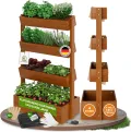 TTL GARDEN Vertikal Hochbeet 4 Etagen Holz 140x85x45cm Hellbraun - Vertikalbeet & Kräuterhochbeet mit 4 Etagen & Folie - Tannenholz wetterfest - Blumenkasten Kräutertreppe für Balkon Garten Terrasse - Thumbnail 1