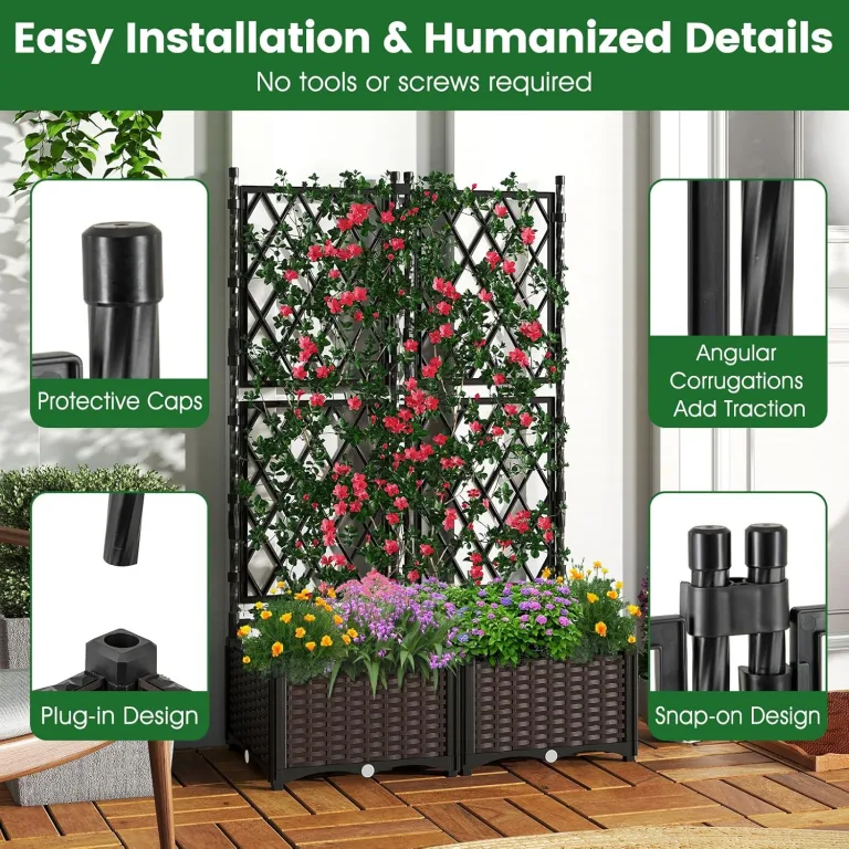 GOPLUS Blumenkasten mit Rankgitter, Hochbeet mit Spalier für Kletterpflanzen & Topfpflanzen, Tiefes Pflanzbeet mit Drainagelöchern für Balkon, Hinterhof & Garten (Schwarz,80 x 40 x 126 cm) – Bild 8