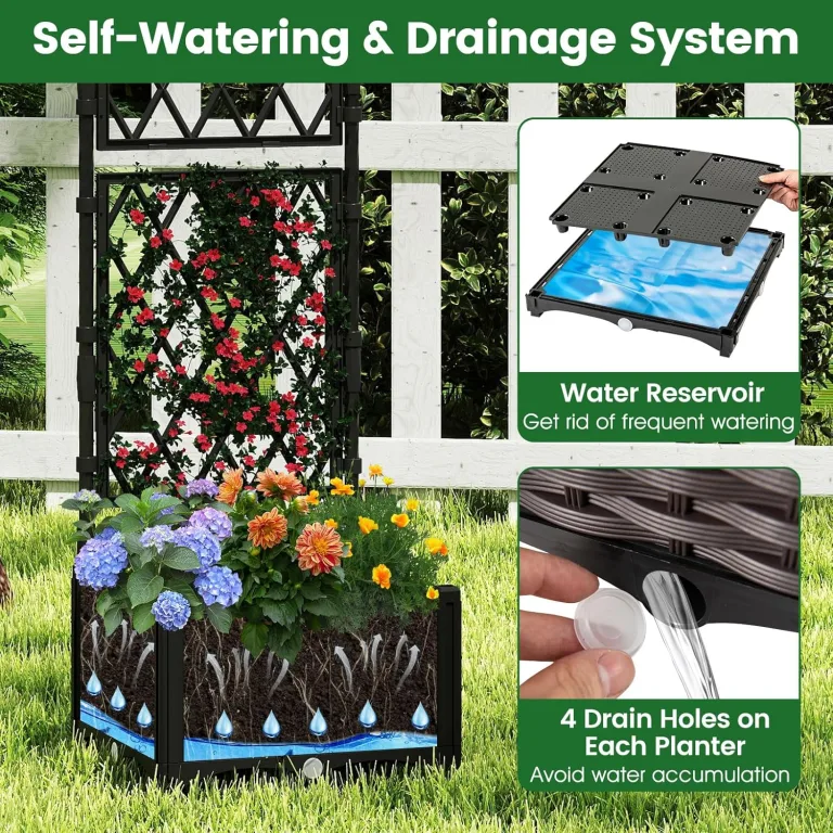 GOPLUS Blumenkasten mit Rankgitter, Hochbeet mit Spalier für Kletterpflanzen & Topfpflanzen, Tiefes Pflanzbeet mit Drainagelöchern für Balkon, Hinterhof & Garten (Schwarz,80 x 40 x 126 cm) – Bild 5
