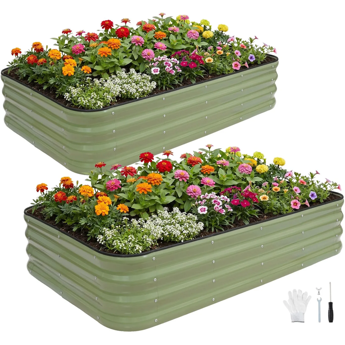 INNO STAGE Verstellbares Hochbeet, 150 x 90 x 30 cm, Pflanzkästen aus Metall für den Außenbereich zum Anbau von Gemüse, Kräutern und Blumen, Hochbeet-Bausatz aus Stahl – Olivgrün, 2er-Pack - Bild 1