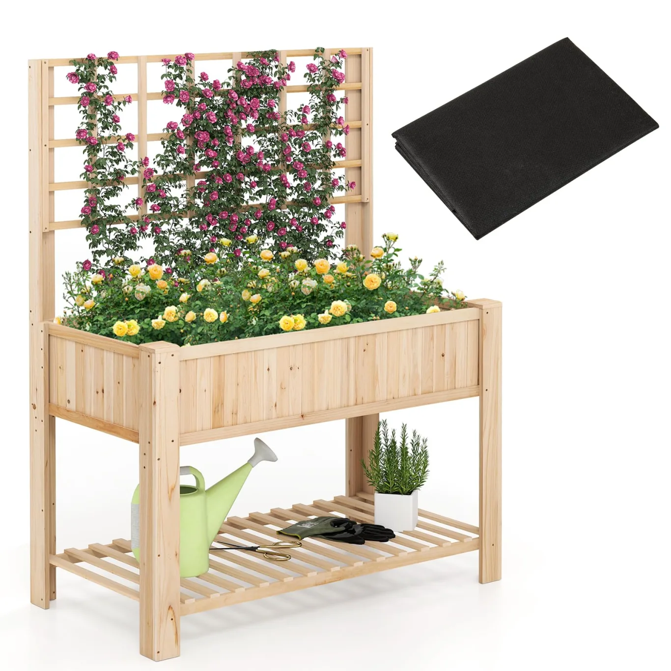 COSTWAY Hochbeet mit Spalier und Ablage, Blumenbeet mit Ablauflöchern, Gartenbeet Pflanzkasten Holz, Blumenkasten mit Rankgitter für Kletterpflanzen, Garten Balkon Terrasse, 116 x 59 x 150 cm (Natur) - Bild 1