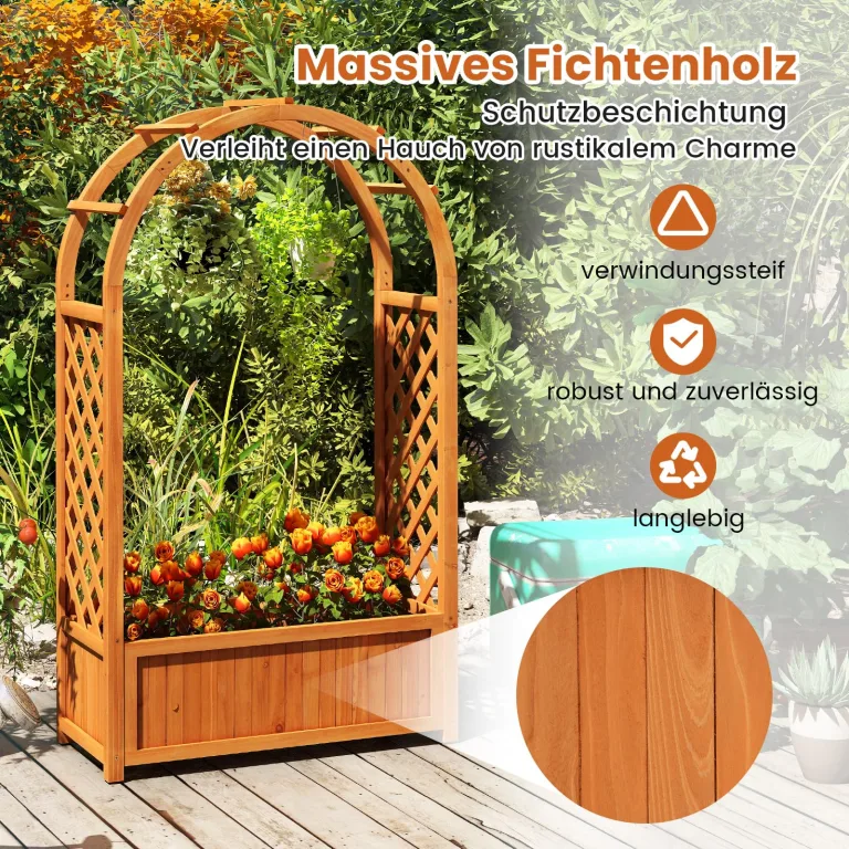 COSTWAY Blumenkasten mit Rankgitter, Hochbeet mit Spalier & Gebogendach, Rosenbogen mit Pflanzkasten & Abflusslöchern, Pflanzkübel für Balkon Hof Garten, Holz, 83 x 36 x 146 cm, Braun – Bild 2