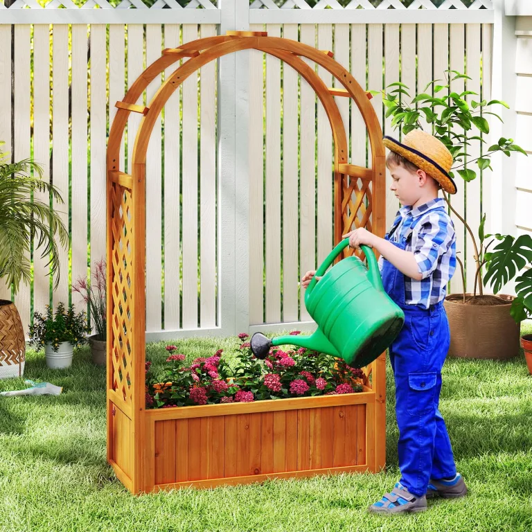 COSTWAY Blumenkasten mit Rankgitter, Hochbeet mit Spalier & Gebogendach, Rosenbogen mit Pflanzkasten & Abflusslöchern, Pflanzkübel für Balkon Hof Garten, Holz, 83 x 36 x 146 cm, Braun – Bild 8