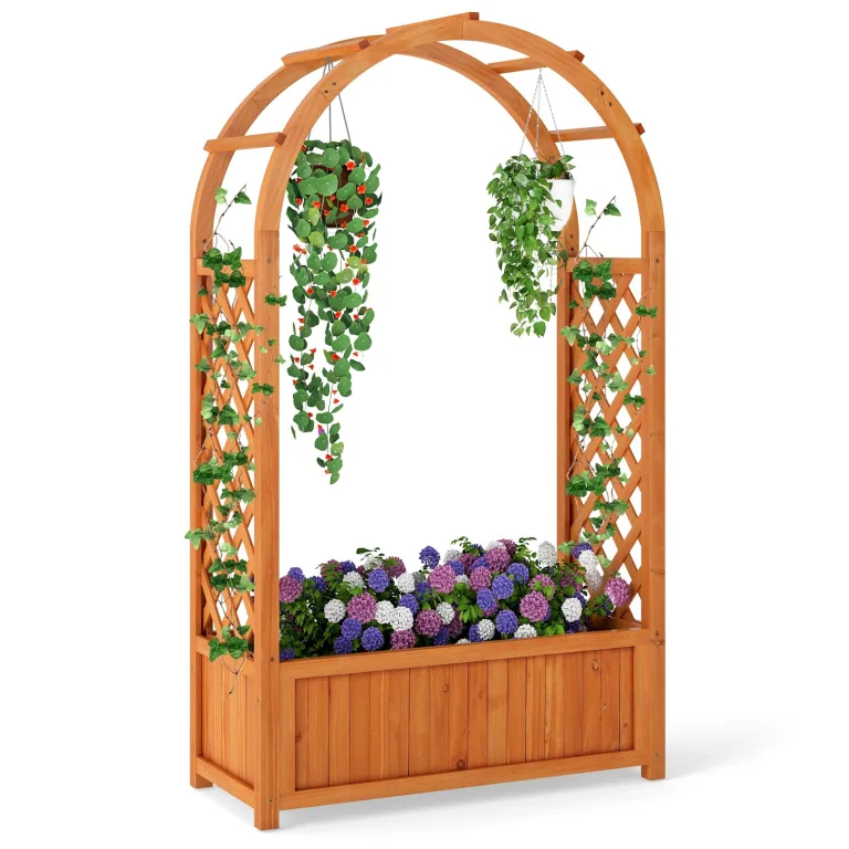 COSTWAY Blumenkasten mit Rankgitter, Hochbeet mit Spalier & Gebogendach, Rosenbogen mit Pflanzkasten & Abflusslöchern, Pflanzkübel für Balkon Hof Garten, Holz, 83 x 36 x 146 cm, Braun – Bild 1