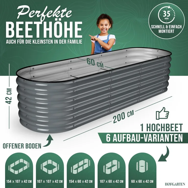 200x60x42 cm Hochbeet Metall I 6-in-1 Gartenbeet aus verzinktem Stahl I Pflanzbeet wetterfest & rostfrei I Ovales Gemüsebeet für Garten & Terasse I Hochbeet Bausatz ohne Boden (Anthrazit) – Bild 2