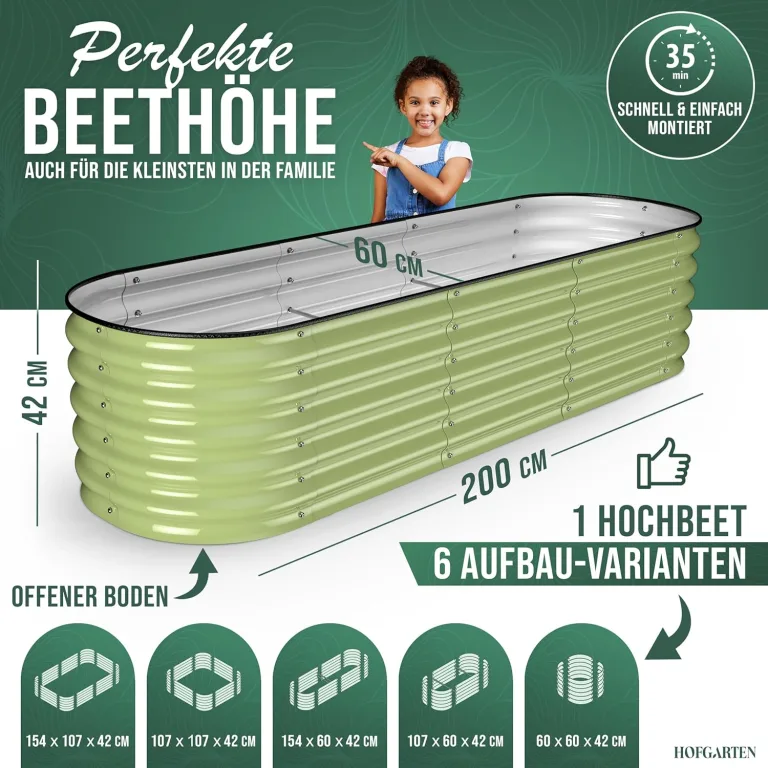 200x60x42 cm Hochbeet Metall I 6-in-1 Gartenbeet aus verzinktem Stahl I Pflanzbeet wetterfest & rostfrei I Ovales Gemüsebeet für Garten & Terasse I Hochbeet Bausatz ohne Boden (Salbei) – Bild 2