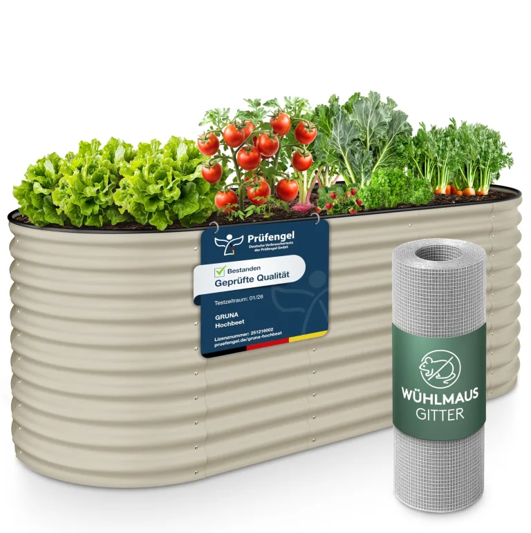 GRUNA - Hochbeet Metall 200x60x75 cm I 6 in 1 Modular Hochbeete-Kit I 100% Rostfrei I Formstabil Dank Verstrebung I Hochbeete für Garten I Hochbeet Creme Weiß (200x60x75) – Bild 1