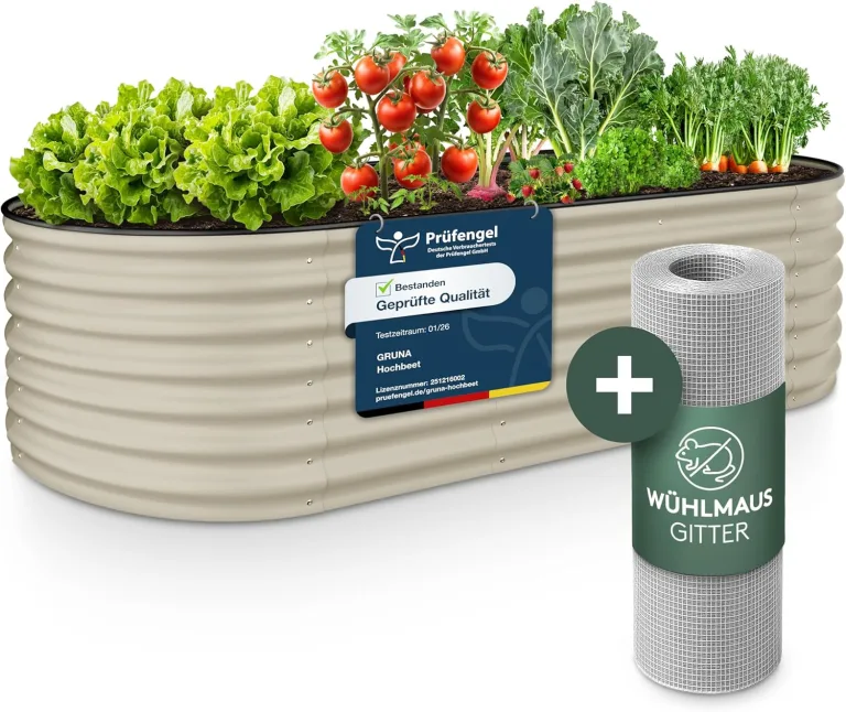 GRUNA - Hochbeet Metall 200x60x42 cm I 6 in 1 Modular Hochbeete-Kit I 100% Rostfrei I Formstabil Dank Verstrebung I Hochbeete für Garten I Hochbeet Creme Weiß (200x60x42) – Bild 1