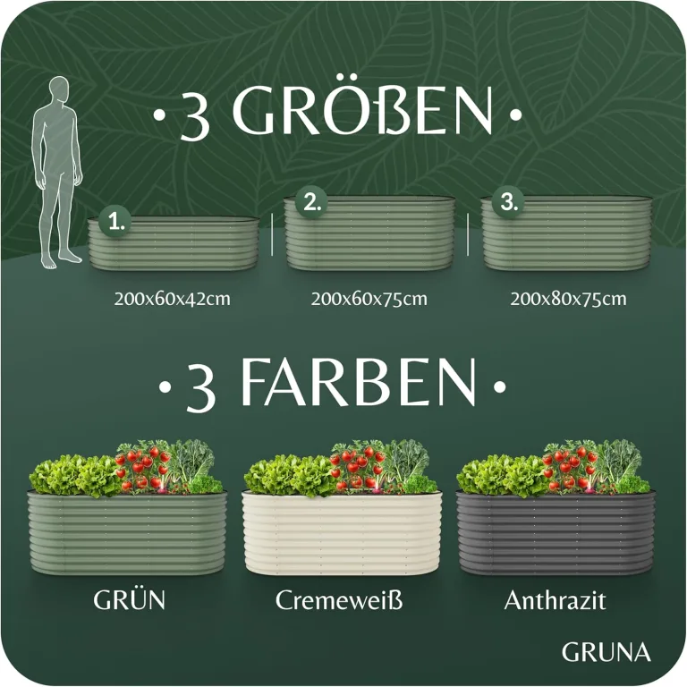GRUNA - Hochbeet Metall 200x60x75 cm I 6 in 1 Modular Hochbeete-Kit I 100% Rostfrei I Formstabil Dank Verstrebung I Hochbeete für Garten I Hochbeet Grün (200x60x75) – Bild 6