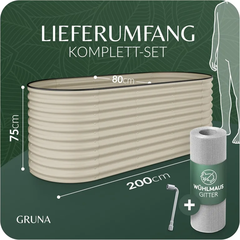 GRUNA - Hochbeet Metall 200x80x75 cm I 6 in 1 Modular Hochbeete-Kit I 100% Rostfrei I Formstabil Dank Verstrebung I Hochbeete für Garten I Hochbeet Creme Weiß (200x80x75) – Bild 2