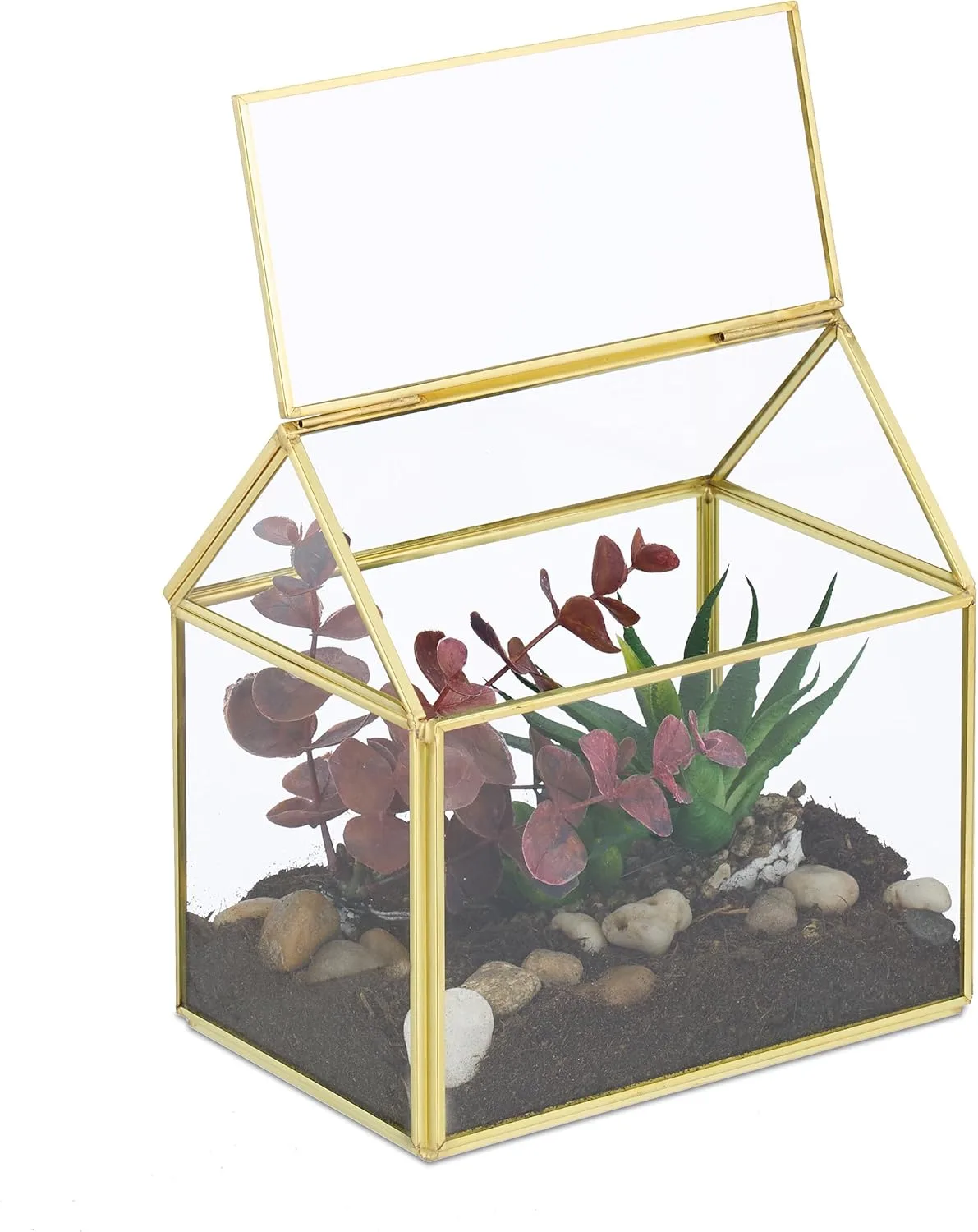 Relaxdays Pflanzenterrarium, Glas & Kupfer, HBT: 15x15x10 cm, Deko Glashaus Kakteen & Moos, Glaskasten Fensterbank, gold - Bild 1