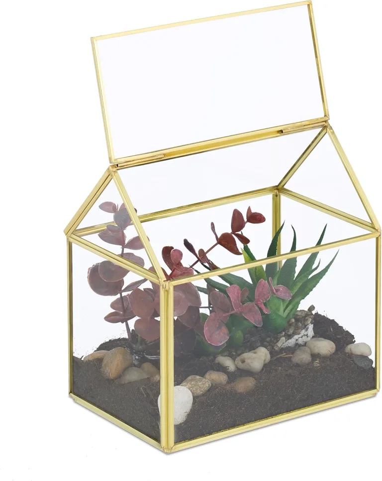 Relaxdays Pflanzenterrarium, Glas & Kupfer, HBT: 15x15x10 cm, Deko Glashaus Kakteen & Moos, Glaskasten Fensterbank, gold – Bild 1