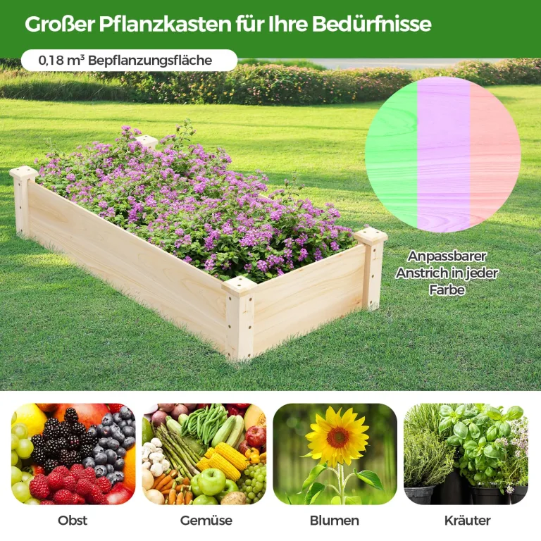 COSTWAY Hochbeet Holz, Gartenbeet ohne Boden, Kräuterbeet für Garten Balkon Hof Terrasse, Blumenkasten für Gemüse, Blumen, Kräuter, Pflanzbeet Blumenbeet, 120 x 61 x 25,5 cm, Natur – Bild 2