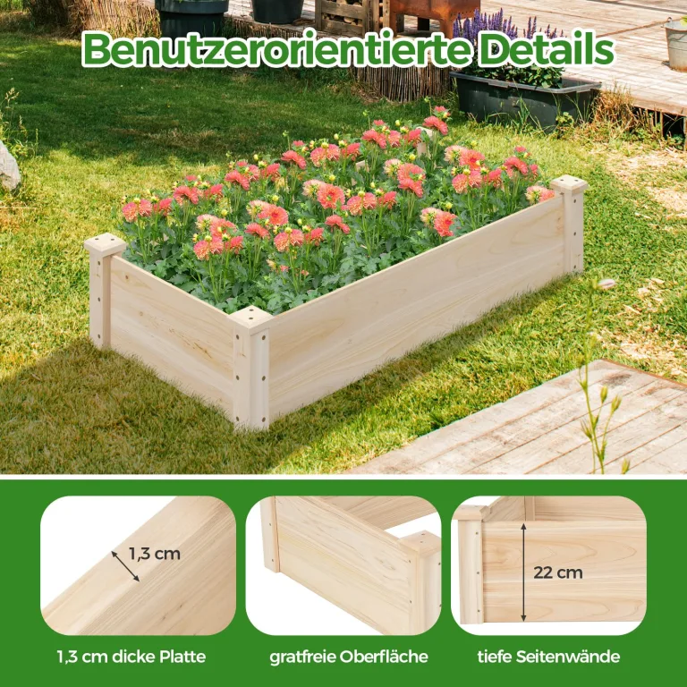 COSTWAY Hochbeet Holz, Gartenbeet ohne Boden, Kräuterbeet für Garten Balkon Hof Terrasse, Blumenkasten für Gemüse, Blumen, Kräuter, Pflanzbeet Blumenbeet, 120 x 61 x 25,5 cm, Natur – Bild 6