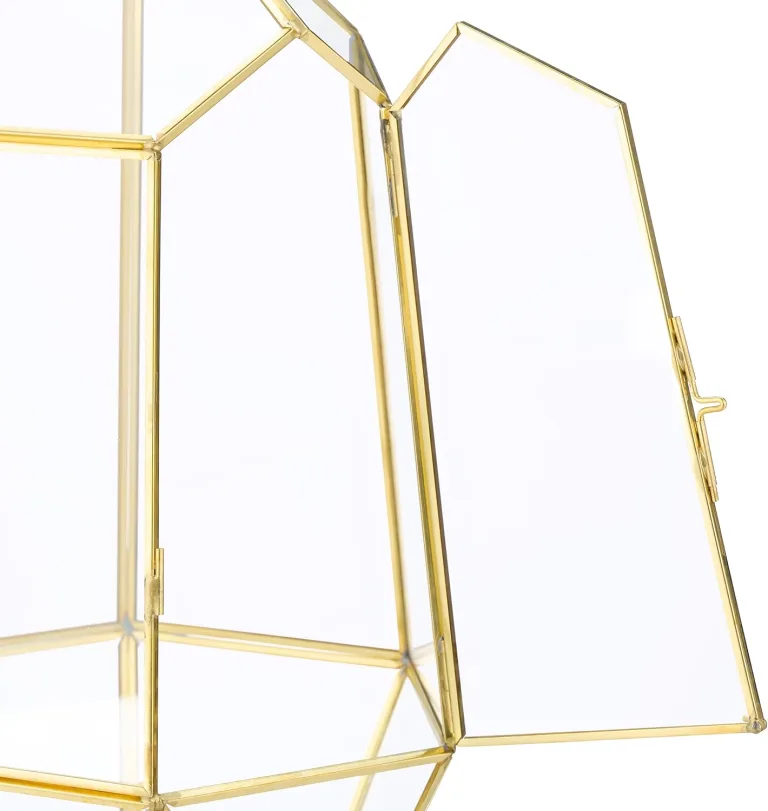 Relaxdays Pflanzenterrarium, Glas & Kupfer, HBT: 26x18x15 cm, Glaskasten Kakteen & Moos, geometrisch, Fensterbank, gold – Bild 5