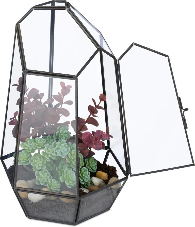 Relaxdays Pflanzenterrarium, Glas & Kupfer, HBT: 26x18x15 cm, Glaskasten Kakteen & Moos, geometrisch, Fensterbank, gold – Bild 7