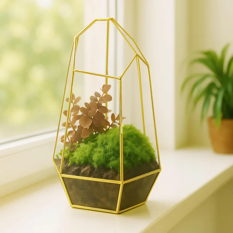 Relaxdays Pflanzenterrarium, Glas & Kupfer, HBT: 26x18x15 cm, Glaskasten Kakteen & Moos, geometrisch, Fensterbank, gold – Bild 2