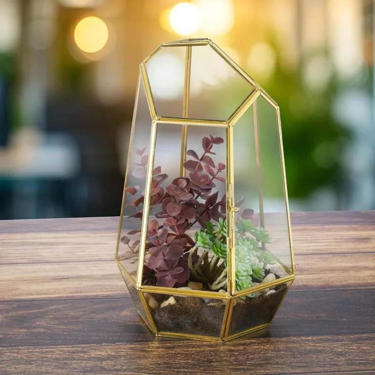 Relaxdays Pflanzenterrarium, Glas & Kupfer, HBT: 26x18x15 cm, Glaskasten Kakteen & Moos, geometrisch, Fensterbank, gold – Bild 3