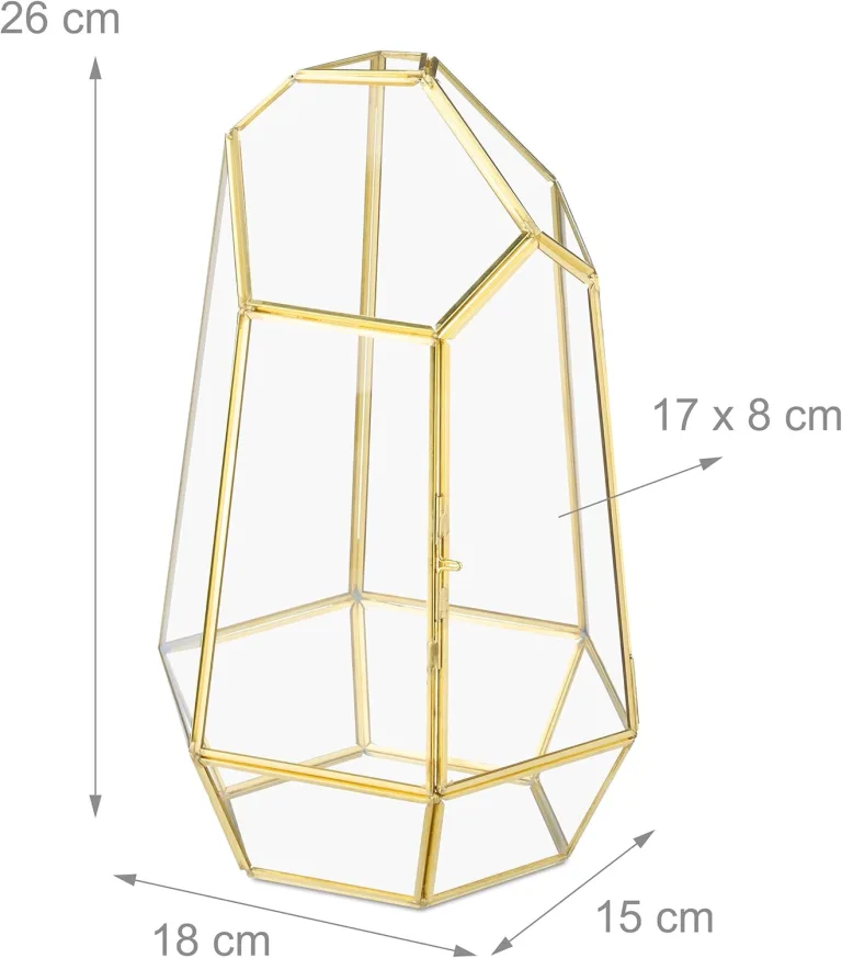 Relaxdays Pflanzenterrarium, Glas & Kupfer, HBT: 26x18x15 cm, Glaskasten Kakteen & Moos, geometrisch, Fensterbank, gold – Bild 4