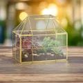 Relaxdays Pflanzenterrarium, Glas & Kupfer, HBT: 21x23x14 cm, Deko Glashaus Kakteen & Moos, Glaskasten Fensterbank, gold - Thumbnail 3