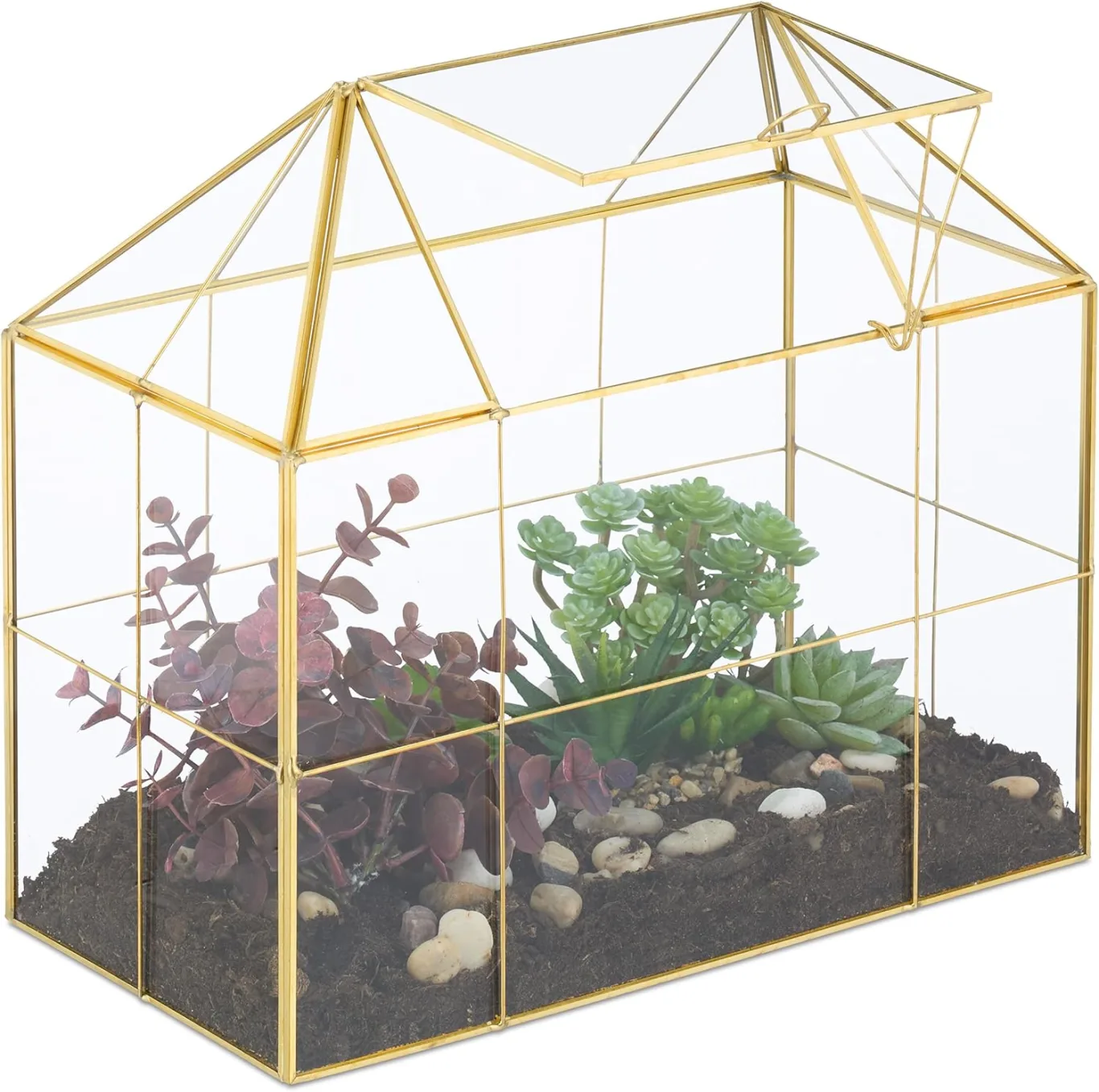 Relaxdays Pflanzenterrarium, Glas & Kupfer, HBT: 27x30x15 cm Deko Glashaus Kakteen & Moos, Glaskasten Fensterbank, gold - Bild 1