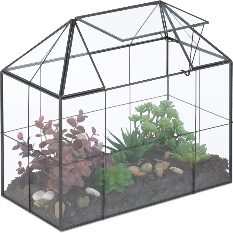 Relaxdays Pflanzenterrarium, Glas & Kupfer, HBT: 27x30x15 cm Deko Glashaus Kakteen & Moos, Glaskasten Fensterbank, gold – Bild 7