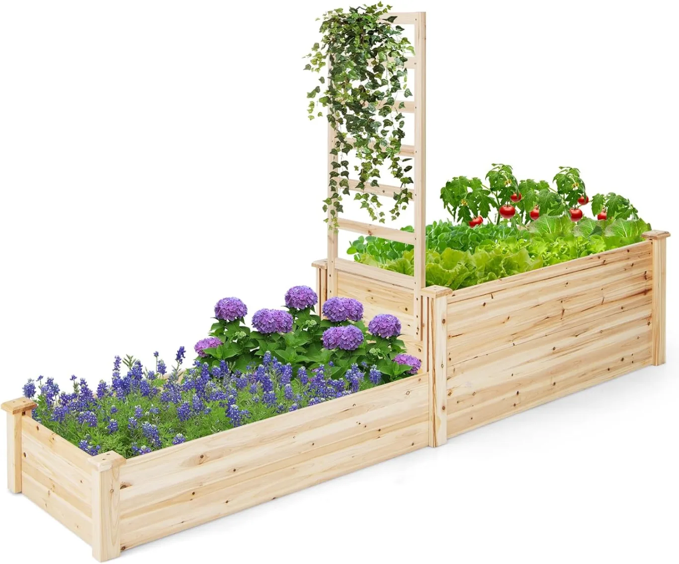 COSTWAY Hochbeet mit Rankgitter, Blumenkasten mit Spalier, Pflanzkasten aus Tannenholz, Gartenspalier mit Rankkasten, Blumenkübel für Kletterpflanze Balkon Garten Terrasse, Natur, 223x64x134 cm - Bild 1