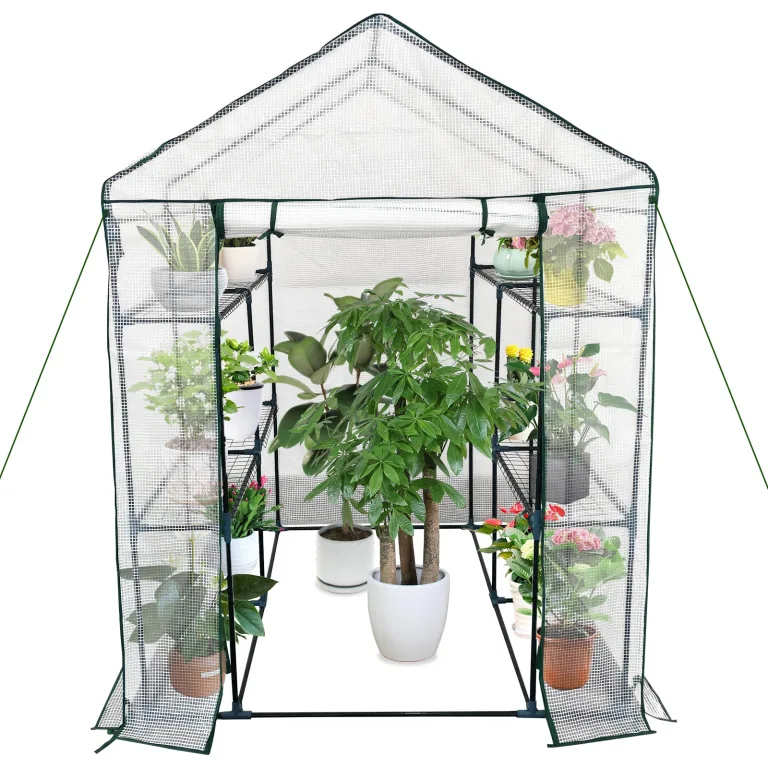 Begehbares Gewächshaus für den Außenbereich, 145 x 145 x193 cm, 3 Ebenen, 6 Regale, Gewächshaus-Set mit Türankern mit Reißverschluss und Seilen für Garten, Terrasse, Hinterhof – Bild 1