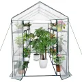 Begehbares Gewächshaus für den Außenbereich, 145 x 145 x193 cm, 3 Ebenen, 6 Regale, Gewächshaus-Set mit Türankern mit Reißverschluss und Seilen für Garten, Terrasse, Hinterhof - Thumbnail 7