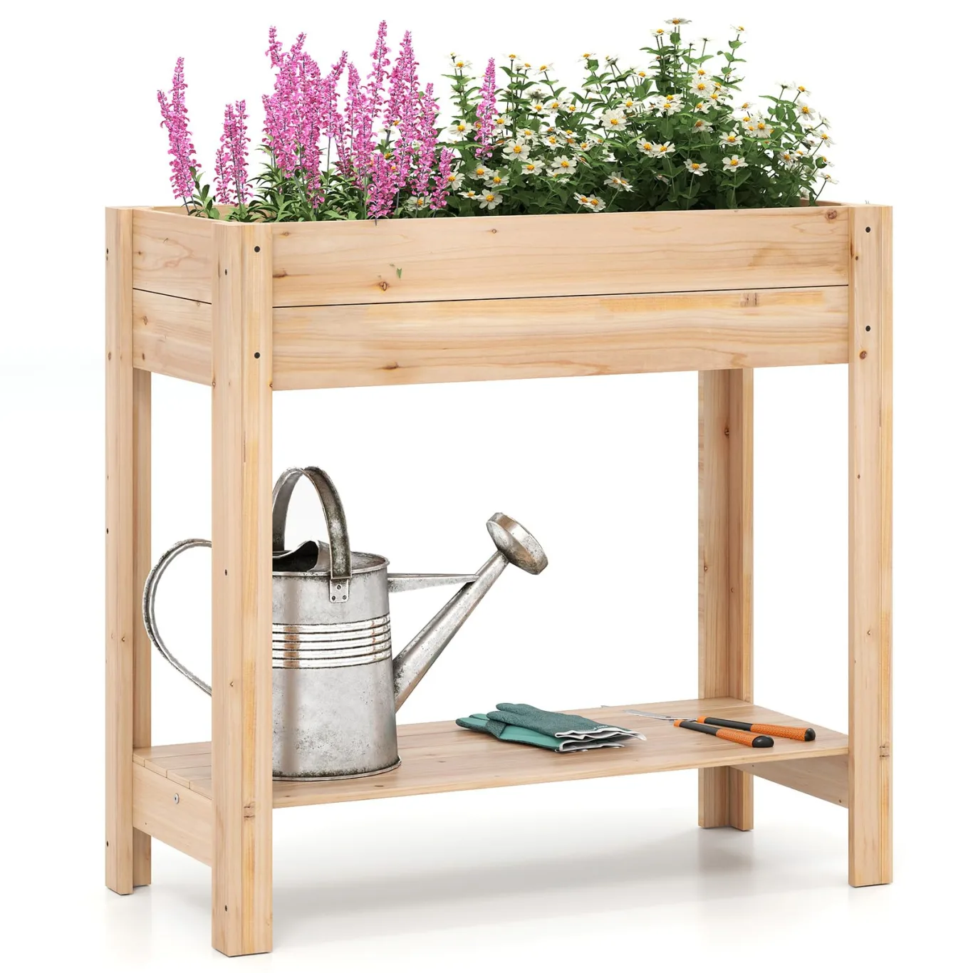 COSTWAY Hochbeet mit Ablage, Erhöhtes Gartenbeet aus Holz, Pflanzkasten mit Drainagefächern, Gemüsebeet Kräuterbeet groß, für Balkon Garten Terrasse, 81 x 38 x 77 cm, Natur - Bild 1