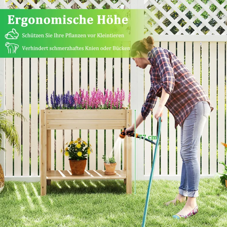 COSTWAY Hochbeet mit Ablage, Erhöhtes Gartenbeet aus Holz, Pflanzkasten mit Drainagefächern, Gemüsebeet Kräuterbeet groß, für Balkon Garten Terrasse, 81 x 38 x 77 cm, Natur – Bild 3