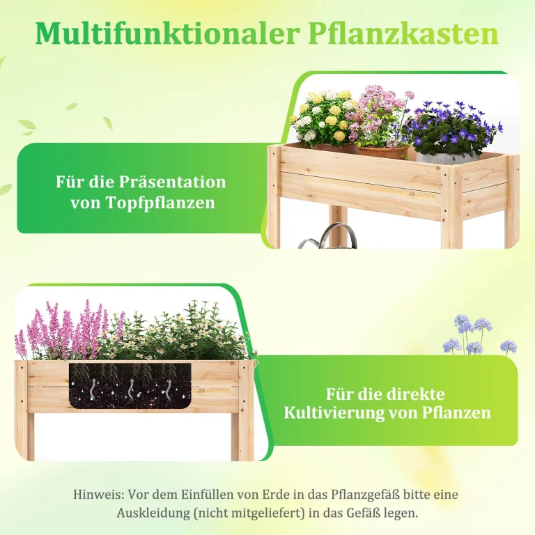 COSTWAY Hochbeet mit Ablage, Erhöhtes Gartenbeet aus Holz, Pflanzkasten mit Drainagefächern, Gemüsebeet Kräuterbeet groß, für Balkon Garten Terrasse, 81 x 38 x 77 cm, Natur – Bild 5