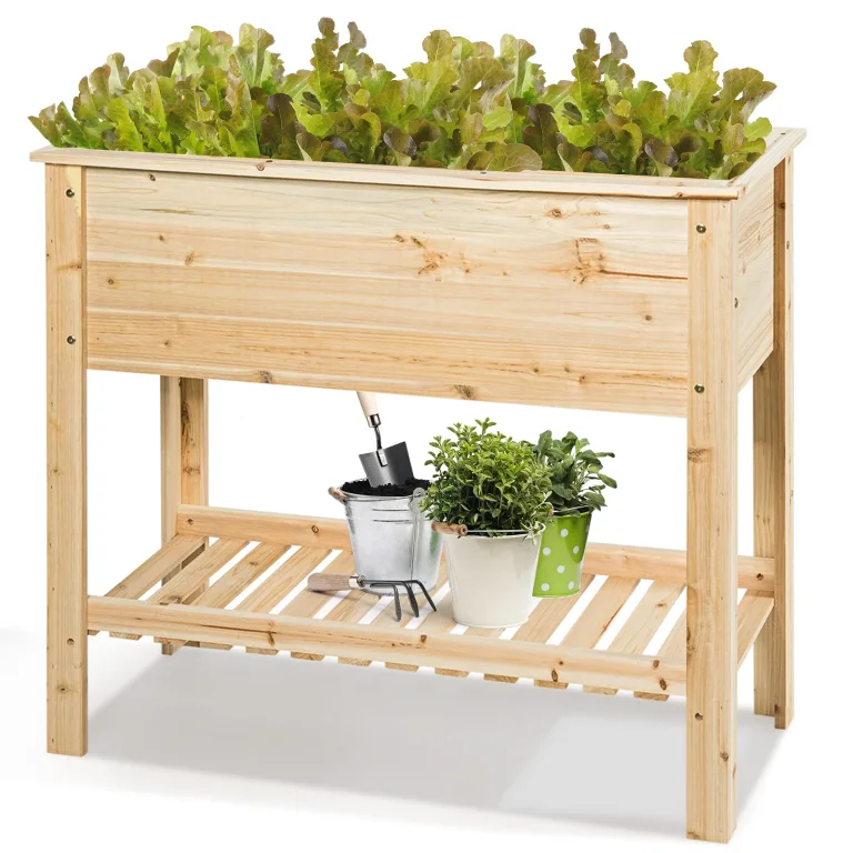 COSTWAY Hochbeet mit Ablage, Erhöhtes Gartenbeet aus Holz, Pflanzkasten mit Drainagefächern, Gemüsebeet Kräuterbeet groß, für Balkon Garten Terrasse, 81 x 38 x 77 cm, Natur – Bild 10