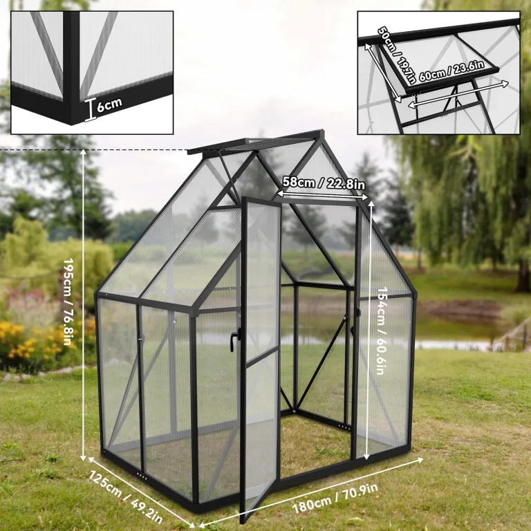 Aufun Premium Gewächshaus Aluminium, 2.25m² Gartengewächshäuser mit 6 cm Fundament und 4 mm PC Platte Treibhaus Tomatenhaus Gartenhaus UV beständig Wetterfest für den Garten, 125x180x195 cm – Bild 2