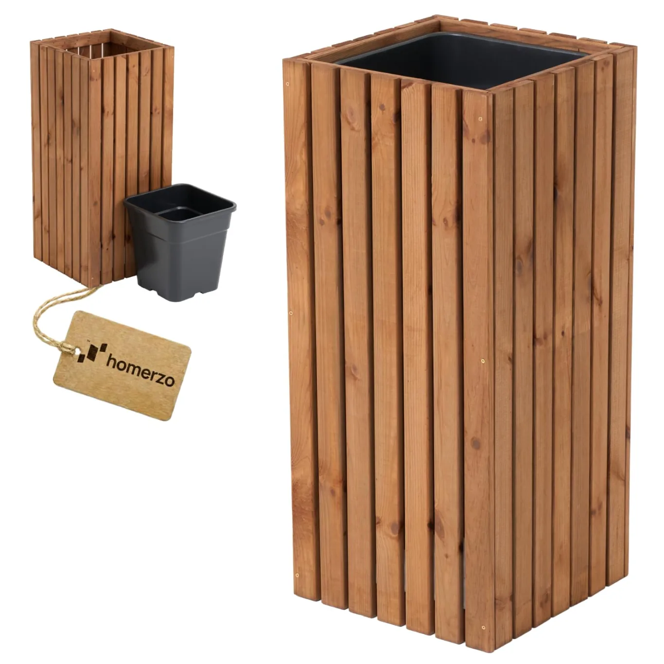 Pflanzkübel Holz – imprägniert wetterfest – mit herausnehmbarem Kunststoffeinsatz – Pflanztopf Blumenkasten für Balkon Garten Terrasse (Vertikal-braun 36x36 H80 cm) - Bild 1
